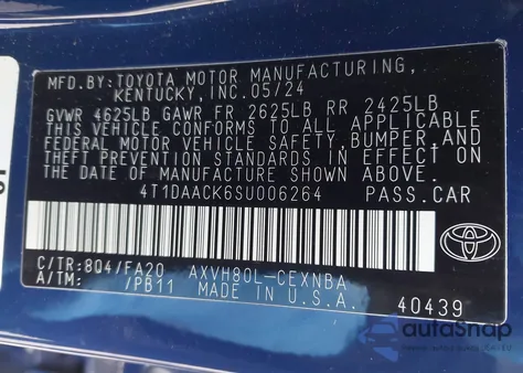 2025 Toyota Camry Le из США, поврежденный, VIN 4T1DAACK6SU006264